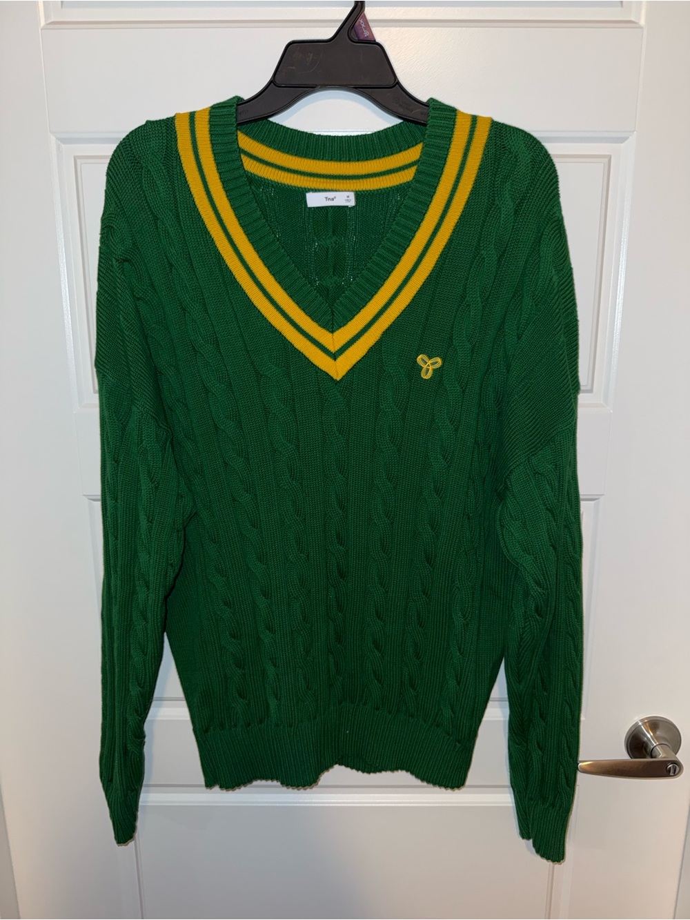 Aritzia Green Cable-Knit V-Neck Sweater with Yellow Trim
